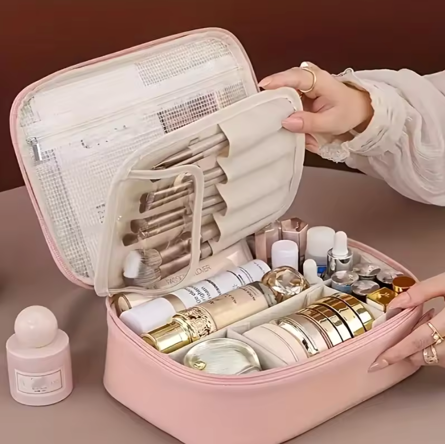 Bolsa cosmética PU à prova d'água de grande capacidade com divisor, bolsa portátil para armazenamento de produtos de higiene pessoal para viagem, bolsa de viagem cosmética.