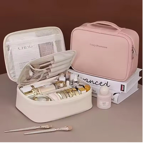 Bolsa cosmética PU à prova d'água de grande capacidade com divisor, bolsa portátil para armazenamento de produtos de higiene pessoal para viagem, bolsa de viagem cosmética.
