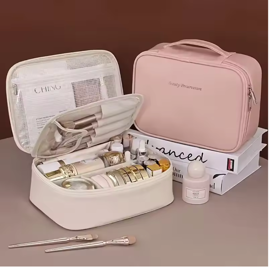 Bolsa cosmética PU à prova d'água de grande capacidade com divisor, bolsa portátil para armazenamento de produtos de higiene pessoal para viagem, bolsa de viagem cosmética.